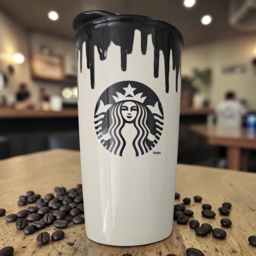 Starbucks 2016 Black Drip White Ceramic Traveler Tumbler 12oz Bands of Outsiders